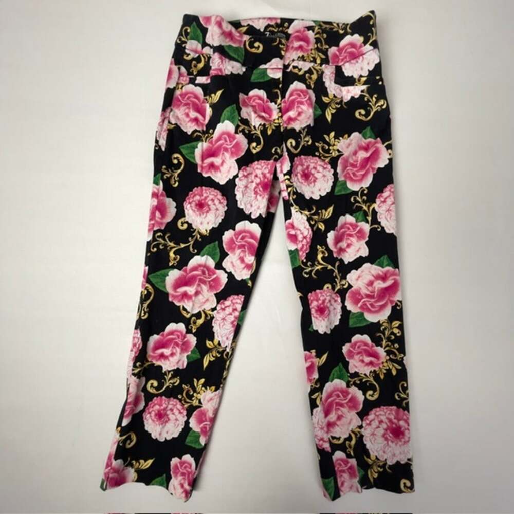 NY & Co Floral Baroque Straight Leg Ankle Pants Black Pink Rose 0 Romantic Goth